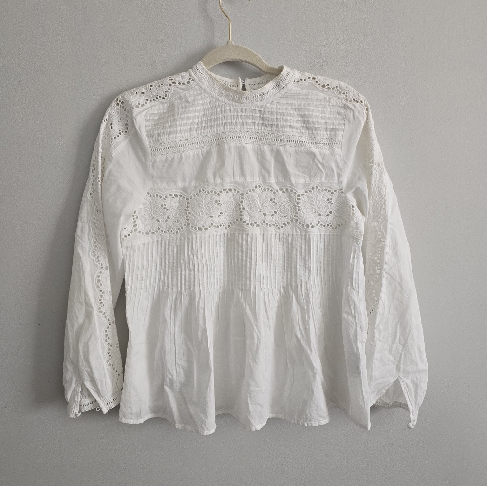 All Saints Elaia Bright White Eyelet Embroidered Semi Sheer Pleated Cotton Top 0 - Picture 5 of 9